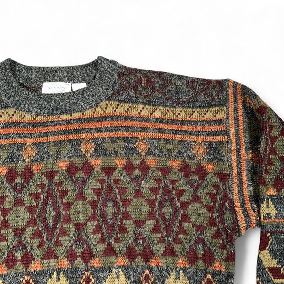 Vintage Sears Sweater Adult EXTRA LARGE Gray Aztec Geometric Tribal Knit Dad 90s - Picture 2 of 7
